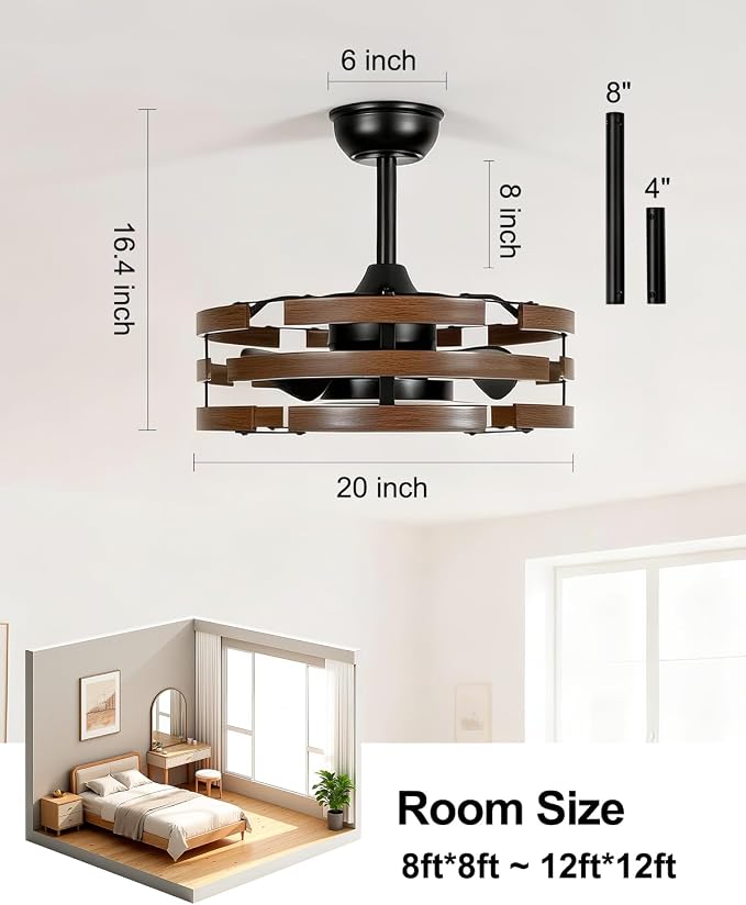 Roomratv Farmhouse Fandelier Ceiling Fan with Lights, 20'' Caged Bladeless Ceiling Fan with Remote, Enclosed Small Fan Light Fixtures for Bedroom Living Room