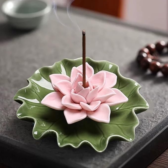 CREATCABIN Lotus Ceramic Incense Holder Incense Burner Stick Detachable Ash Catcher Lotus Leaf Burners Tray for Sticks Home Yoga Teahouse Zen Buddhist Altar Purify Spiritual Supplies Pink 3.54 Inch