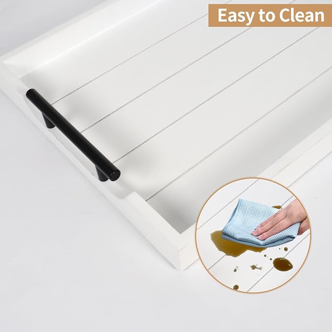 SXNOWS Wood Serving Tray with 2 Sets of Handles,White | Rectangle 16.5x13 Inch Ottoman Decorative Tray for Coffee Table Kitchen Bar Living Room Breakfast in Bed, 4 Coasters Included