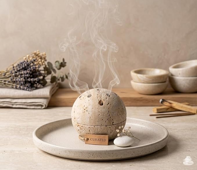 Handmade Travertine Stone Incense Resin Burner Holder – Natural Stone Incense Burner with Brass Insert for Home Decor & Relaxation