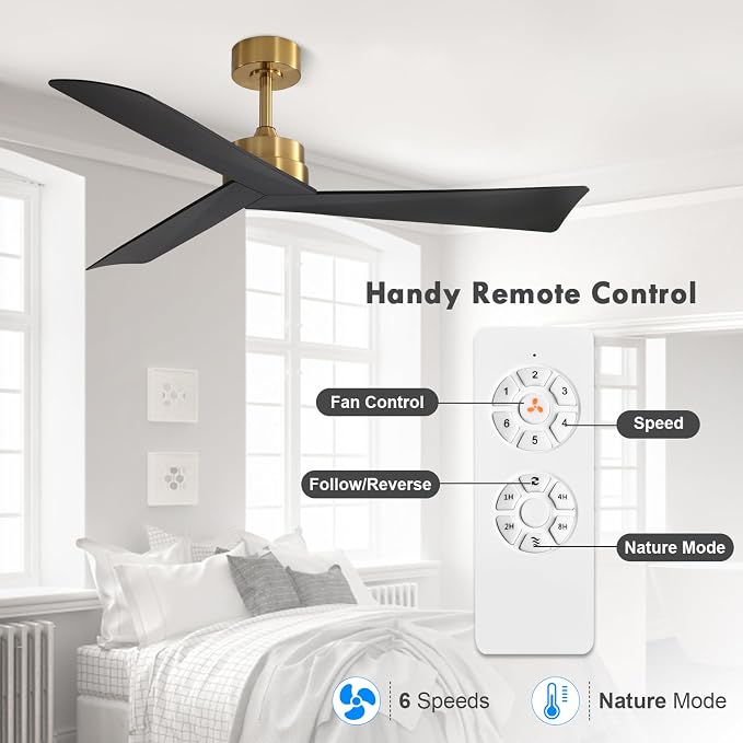 WINGBO 52" DC Ceiling Fan without Lights, Brass and Black Ceiling Fan with Remote, 3 ABS Plastic Blades, 6 Speed Reversible DC Motor, Ceiling Fans No Light for Kitchen Bedroom Living Room