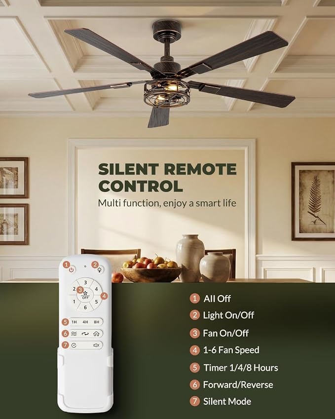 52 Inch Farmhouse Ceiling Fans with Lights, Caged Ceiling Fan with Remote Control, Quiet and Reversible DC Motor, 6-Speed 5 Blades House Ceiling Fan for Kitchen, Living Room, Black and Gold Color