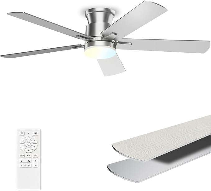 Ceiling Fans with Lights 52 Inch, Flush Mount, Remote Control, 3CCT Dimmable, 6 Speeds, Quiet Reversible DC Motor, Low Profile Silver Nickel Ceiling Fan for Bedroom, Living Room, Indoor/Outdoor, ETL
