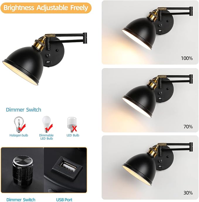Swing Arm Wall Sconces, Plug-in Wall lamp,Bedroom Wall lamp ， White Fabric Shade，，with dimmable Switch and USB Charging Port, Suitable for Bedside, Living Room, Reading (Metallic Black)
