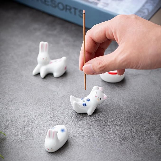 Opexicos 4Pcs Rabbit Cat Ceramic Incense Holder Cute White Animals Incense Sticker Holder Fun Home Decorative Ornaments for Home Room Decoration Yoga Spa Meditation
