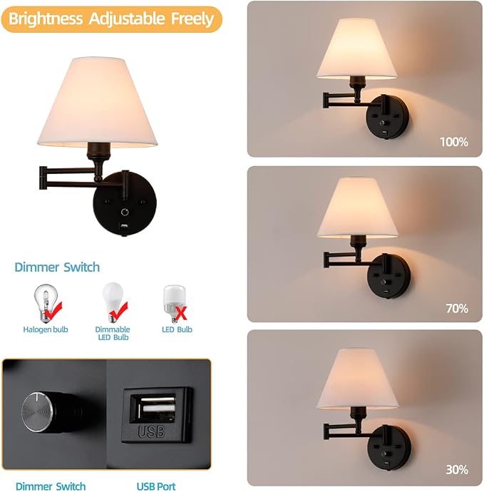 Swing Arm Wall Sconces, Plug-in Wall lamp,Bedroom Wall lamp ， White Fabric Shade，，with dimmable Switch and USB Charging Port, Suitable for Bedside, Living Room, Reading (Black)