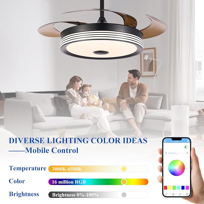 42 inch Modern Retractable Ceiling Fan with Lights and Remote Control, 6Speed Dimmable Fandelier, Smart Ceiling Fan Light with Bluetooth Speaker, RGB Color Reversible Bedroom Living Room Black