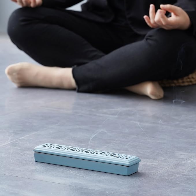 CEREMONY Incense Holder for Sticks, Ceramic Insence-Stick Holder Ash Catcher, Incense Holder Timkburner for Meditation Yoga Spa Room Incense Holder (Mesh-Blue)