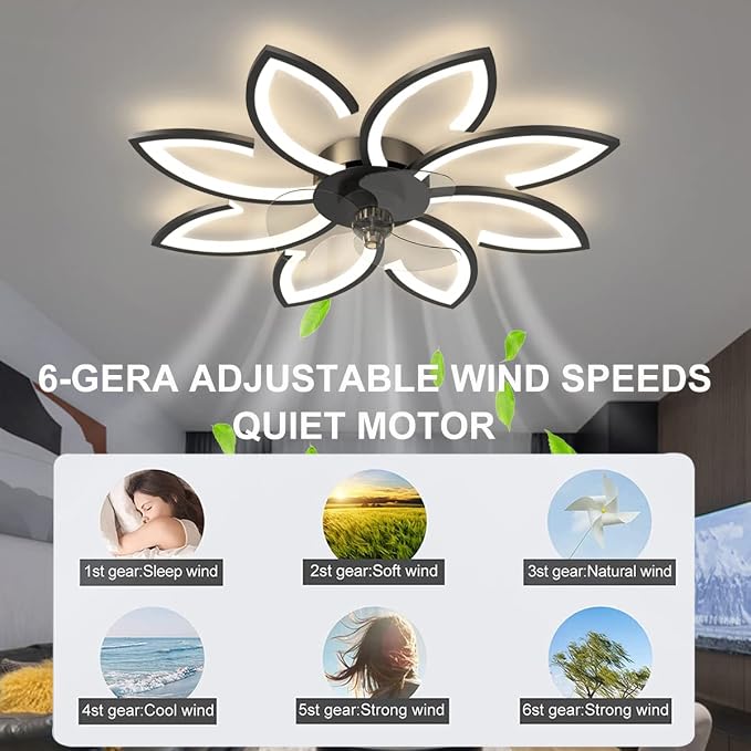 35'' Bladeless Ceiling Fan with Lights Remote Control, Modern Low Profile Ceiling Fans with Lights, Dimmable 3 Color 6 Speeds Flush Mount LED Ceiling Fan for Bedroom, Living Room - Black