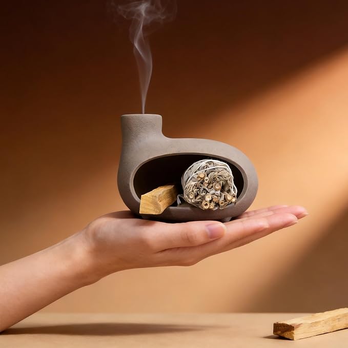 MOUGIGI Handmade Grey Palo Santo Holder – Elegant Incense Chimney for Palo Santo, Sage & Cones – Idealt Gifts for Stress Relief, Energy Cleansing, Yoga, Meditation, Zen, Altar Decor & Aromatherapy