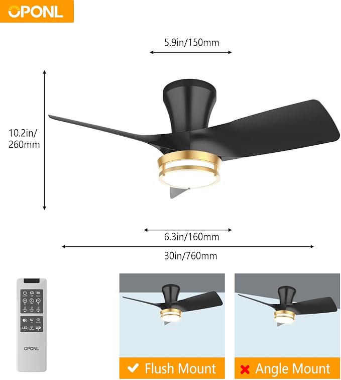 OPONL Ceiling Fan with Light, 30 inch Low Profile Ceiling fan with Light and Remote Control, Reversible, 6CCT, Dimmable, Noiseless, Black Ceiling Fan for Bedroom, Indoor/Outdoor Use, Modern