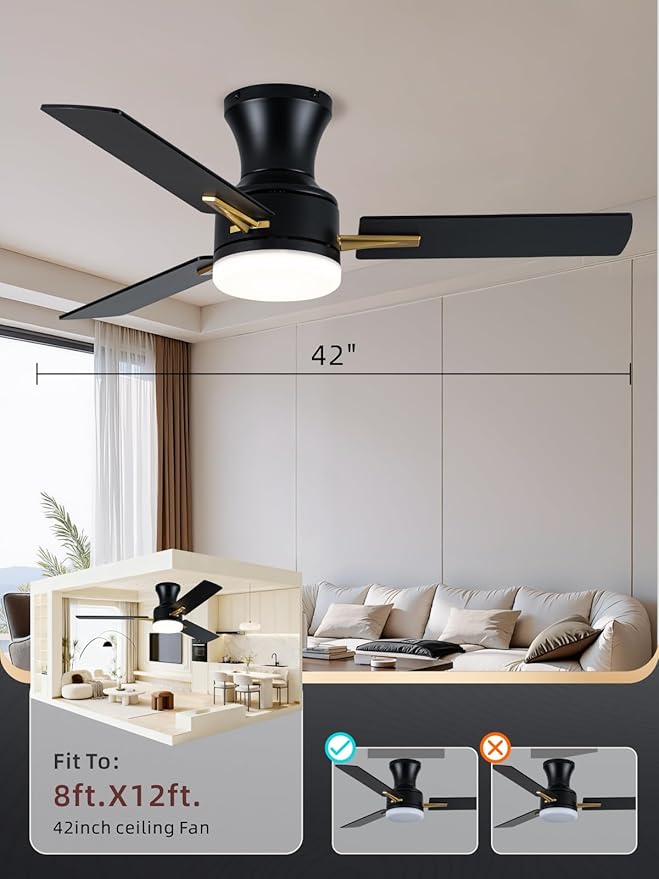 LANMEL 42 Inch Flush Mount Ceiling Fan with Light, App&Remote Control, Low Profile Modern Ceiling Fan, 6 Speed, Reversible, 3000k-6500k Dimmable LED, Quiet DC Motor for Indoor Outdoor, Gold Black