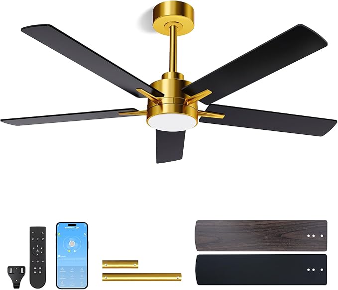 LANMEL 52'' Black and Gold Ceiling Fans with Lights and Remote, 6 Speed Low Profile Modern Ceiling Fan with Quiet DC Motor for Indoor Outdoor Bedroom Living Room