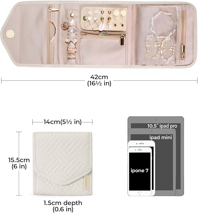 BAGSMART Travel Jewelry Organizer Case Foldable Jewelry Roll for Journey Rings, Necklaces, Earrings, Bracelets,Mini,Beige