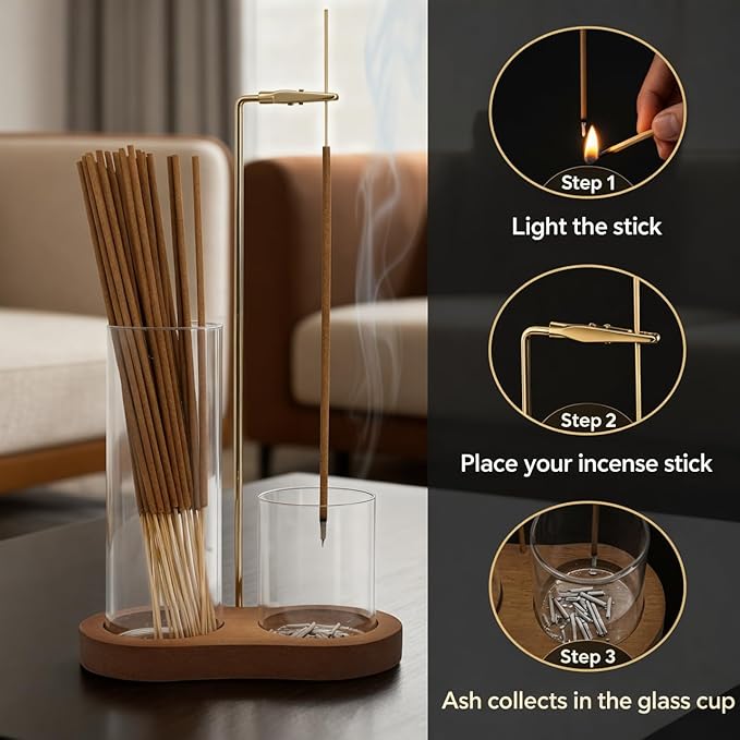 Modern Incense Burner with Ash Catcher, Hanging Incense Stick Holder Stand, Glass & Wooden Base Incense Holder for Home Meditation Decor (Brown)