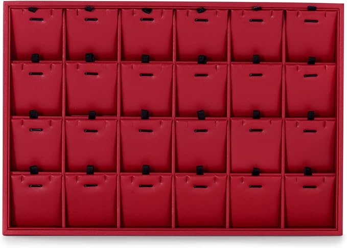 Oirlv Gorgeous Red Leather 24 Grid Jewelry Tray with Removable Inserts Jewelry Cards Stackable Necklace Trays Necklace Drawer Organizer | Red Leather Exterior, Soft Microfiber Interior, 24 Pendant Slots, Removable Inserts, Bold Display for Pendants