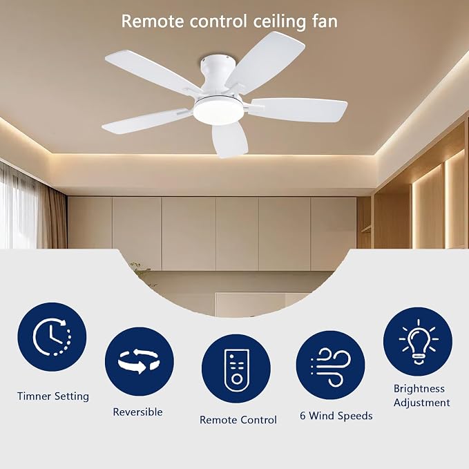 JSAITEE Ceiling Fans with Lights, 42 Inch Low Profile Ceiling Fan with Light and Remote Control, Flush Mount, DC Reversible Motor, Noiseless, White 6 Speeds Ceiling Fan for Bedroom