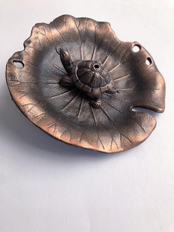 Red Copper Antique Style Metal Lotus Flower Lily Pad Ash Catcher Mini Lucky Turtle Incense Burner Holder Plate Zen Buddha Buddhist Meditation Decor w/Sandalwood Sticks Gift Set