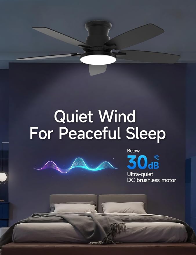 Flush Mount Ceiling Fan with Light, 52 Inch, Remote Control, 3CCT Dimmable LED, 6-Speed Silent Reversible DC Motor, Low Profile Hugger Ceiling Fan for Indoor/Outdoor 90-264V 50/60Hz Matte Black