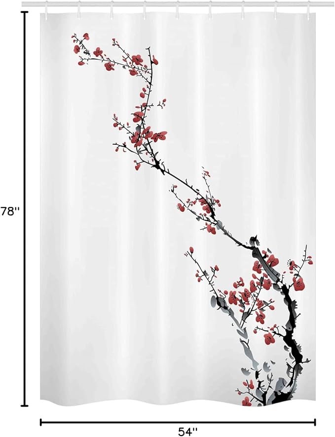 Ambesonne Watercolor Flower Stall Shower Curtain, Sakura Tree Cherry Branches in Classic Style Artwork, Fabric Bathroom Decor Set with Hooks, 54" W x 78" L, Coral Black