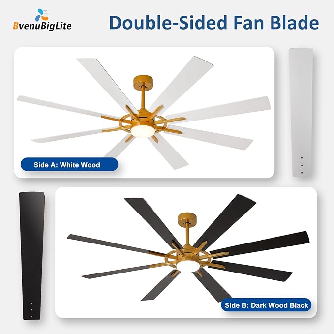 Large Ceiling Fans with Lights: Modern 72 Inch 8 Blade Outdoor Ceiling Fan with Remote APP Control - Dimmable White Gold Big Fan Light Indoor Reversible 6 Speed Quiet DC Motor