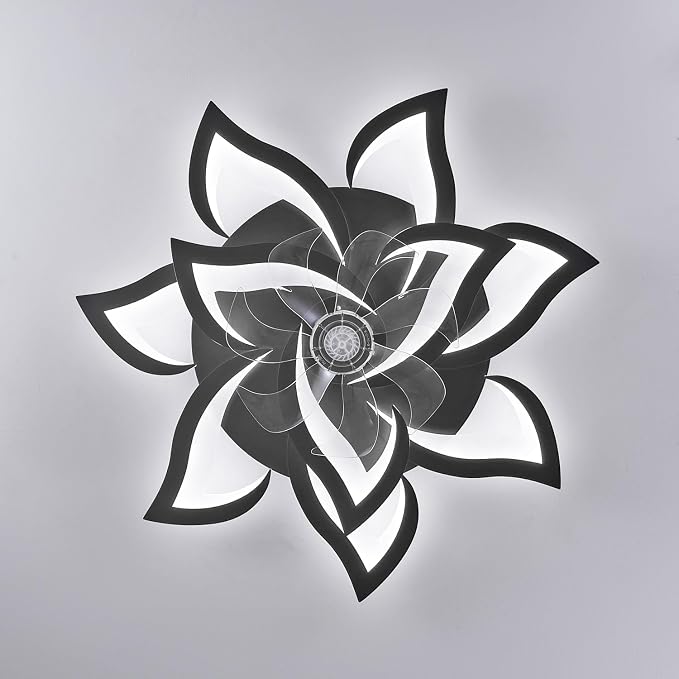 32inch Black Flower Modern Ceiling Fans with Lights, Low Profile Ceiling Fan with Remote for Bedroom, Flush Mount Ceiling Fan with LED Dimmable Light,6-Speeds, Timing Ceiling Fan Light
