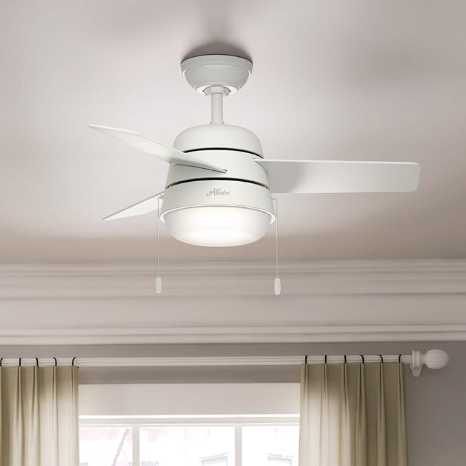 Hunter Aker, Indoor, Ceiling Fan, Modern, Small, 36 inch, Fresh White | with LED Light and Pull Chain, Standard Mount, Quiet, 3 Blades, For Bedroom, Home Office, Laundry Room, 59301
