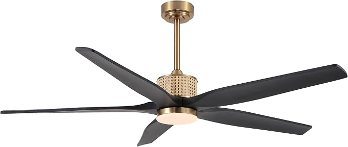 LEDLUX 60" Ceiling Fan with Light – Remote Control, Solid Wood, 6-Speed, Quiet Reversible DC Motor, Black/Gold Finish, 4.5"/12" Downrods, Noiseless Large Ceiling Fan for Bedroom, Living Room, Porch