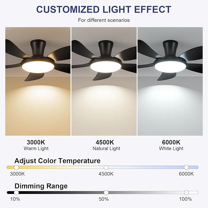 PHORUS 48"Black Low Profile Flush Mount Ceiling Fans with Lights and Remote | Supports Remote and APP, 6 Wind Speeds, Reversible, Dimmable 3 CCT LED, 30WNoiseless DC Motor,Timer, for Bedroom Kitchen