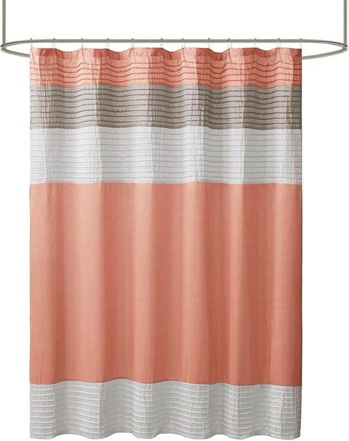 Madison Park Amherst Bathroom Shower Curtain Faux Silk Pieced Striped Modern Microfiber Bath Curtains, 72x72 Inches, Coral