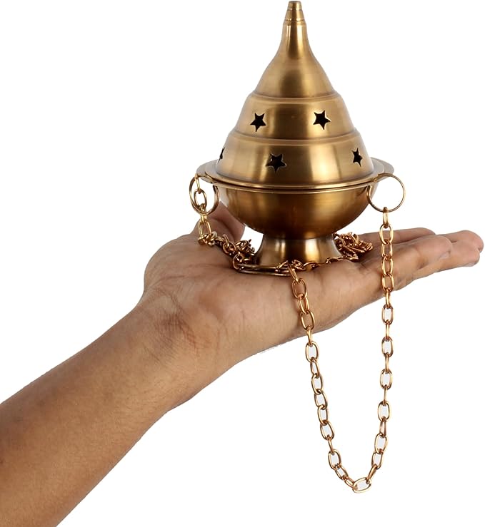 Brass Hanging Incense Burner Censer for Charcoal & Resin, Antique Brass Incense Holder with Chain, 4.5 Inch High