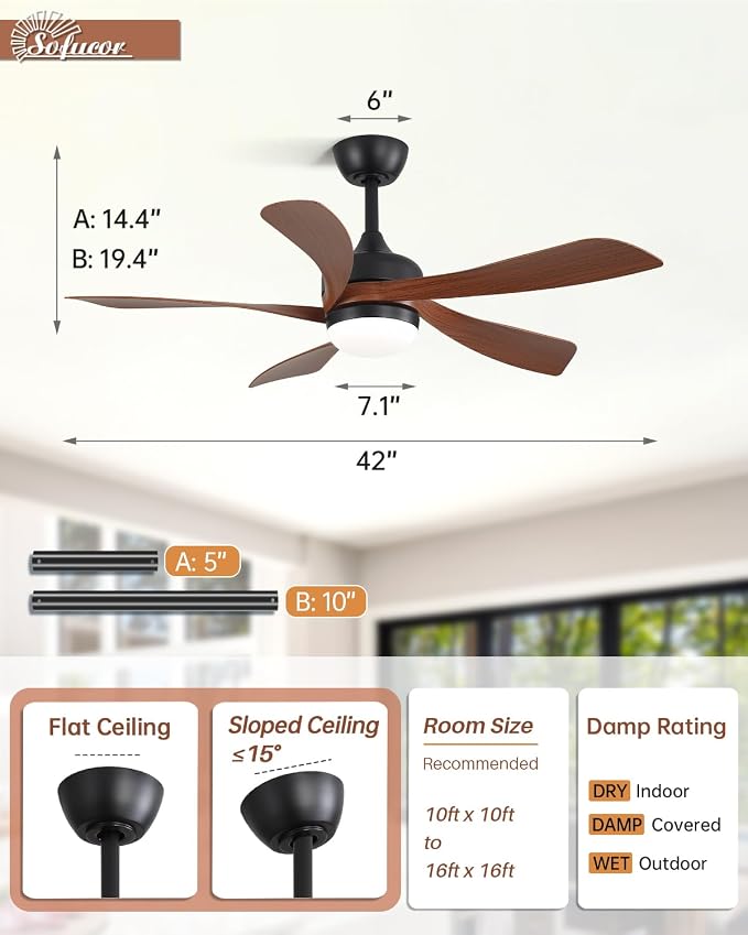 Sofucor 42 Inch Ceiling Fan with Lights and Remote, Indoor/Outdoor Ceiling Fan with Light 6-Speed 3 CCT 3-Timer, Low Profile Ceiling Fan 5 Blade Quiet DC Motor for Bedroom Living Room Patio