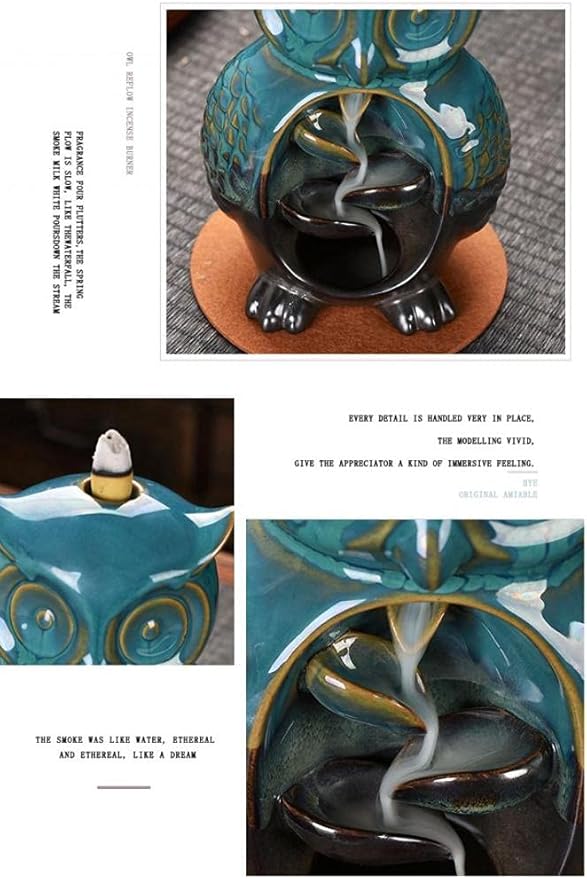 Backflow Incense Burner Holder Owl Shape Waterfall Porcelain Incense Holder Home Decor with Incense Cone Sticks Holder Incense Sticks Backflow Incense Cones Mat Tweezer Gift Set