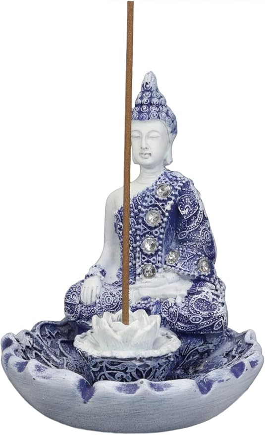 Ebros Gift Bhumisparsha Mudra Buddha Amitabha Meditating by Padma Lotus Flower Incense Holder Burner Figurine in Terracotta Blue and White 4.25" High Buddhist Eastern Enlightenment Feng Shui Decor