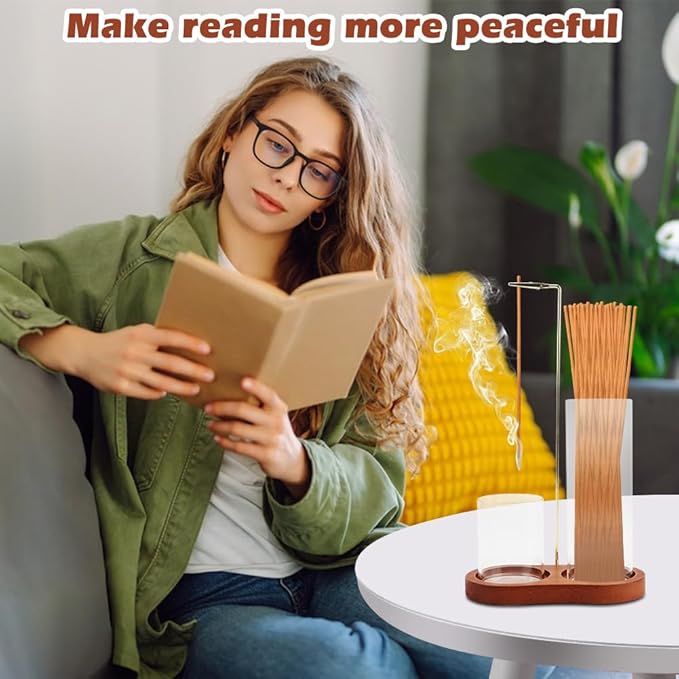 2 in 1 Incense Holder for Sticks, Anti-Ash Flying Incense Burne with Glass Ash Catcher and Incenses Sticks Storage, Hang Upside Down for Yoga, Spa, Meditation, Wooden Home Decor