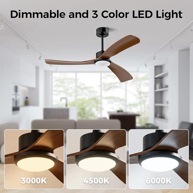 Obabala 52 Inch Ceiling Fan with Light and Remote,Solid Wood Blades, DC Motor Quiet 35dB, Dimmable LED Reversible for Bedroom Living Room Indoor Outdoor, 6 Speed Timer Downrod