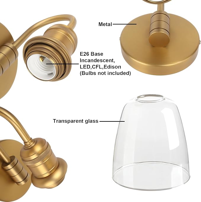 Yosoan 1-Light Brass Modern Vintage Indoor Wall Sconce, Vanity Single Luxury Hardwired Retro Textured Clear Oval Cone Glass Shade with Industrial Curved Rod Bathroom Lamp(Antique)