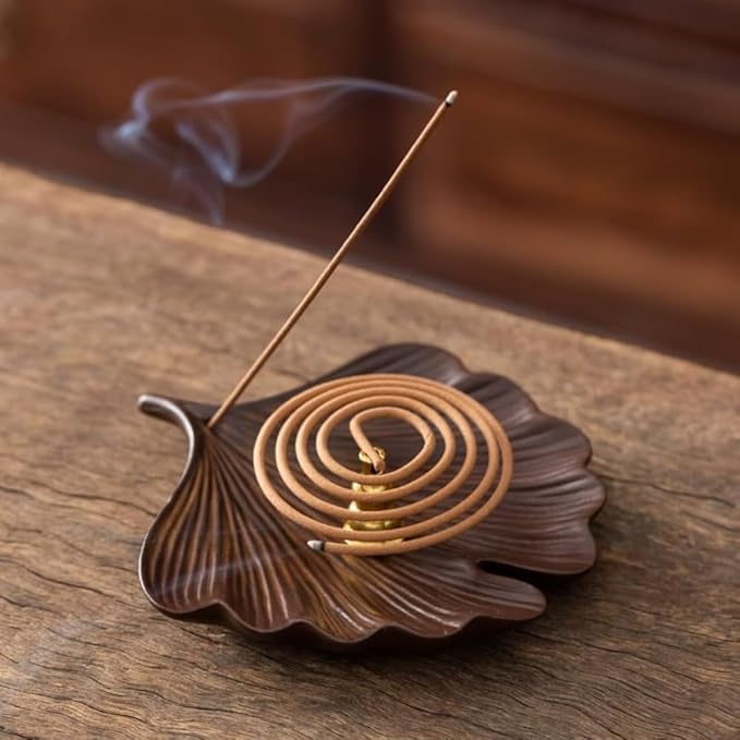 Handmade Ceramic Incense Burner Holder – Leaf Shape Incense Ash Catcher Tray for Sticks & Coil Incense, Zen Meditation Home Decor, Yoga Altar Aromatherapy Gift