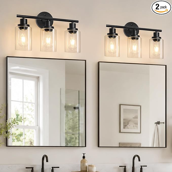 Unicozin 2 Pack Modern Bathroom Light Fixtures, 3 Light Vanity Lights, Black Wall Lamp with Clear Glass for Bathroom, Mirror, Living Room, Bedroom, Hallway, E26 Base