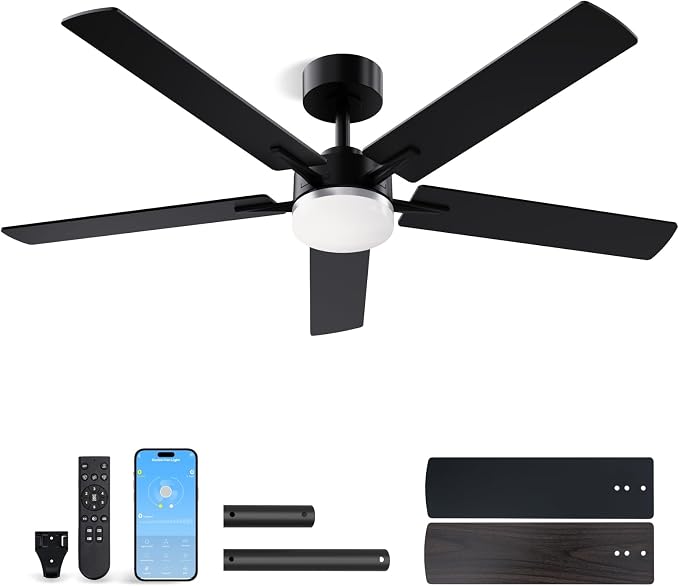 LANMEL Ceiling Fan with Light, Modern Flush Mount Low Profile with Remote Control, Reversible, 3CCT Dimmable, Quiet,LED for Bedroom, Living Room, Indoor/Outdoor Patio Use 52 Inch Silver & Black