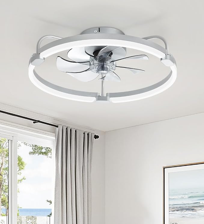 LEDIARY Ceiling Fans with Lights and Remote, 20'' Low Profile Ceiling Fan with Light, 3000-6000K Dimmable Fandelier LED Fan Light, 6 Wind Speeds, Grey Modern Flush Mount Ceiling Fan for Bedroom