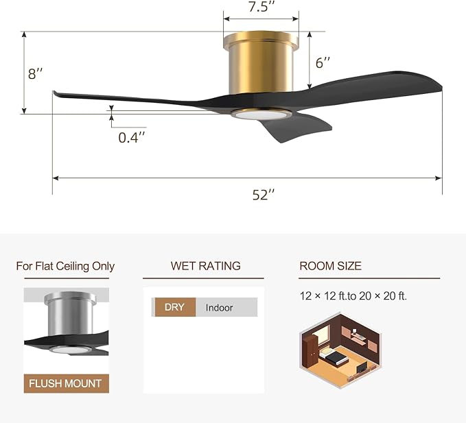 OFANTOP 52 Inch Flush Mount Smart Black Gold Ceiling Fan with Light Remote | Whisper-Quiet & Powerful Airflow, 3-Color Dimmable LED with Memory, Reversible Motor, Timer, for Bedroom Living Room