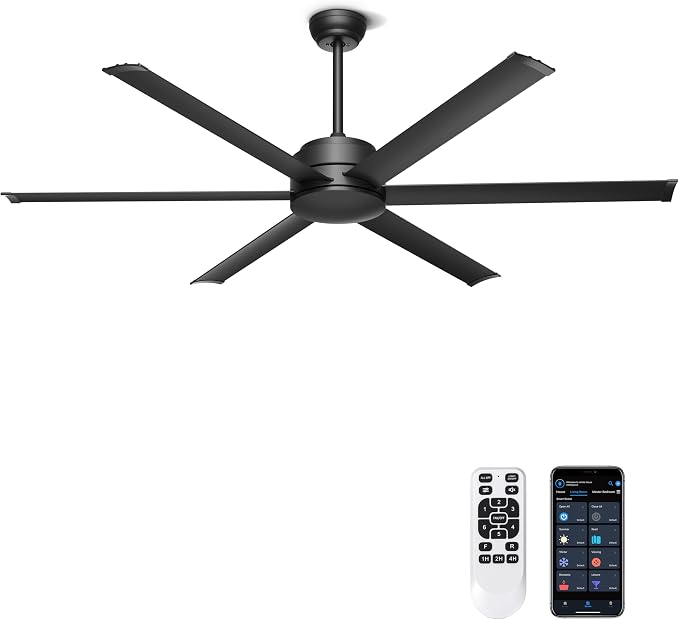 Ohniyou 60" Ceiling Fan No Light - Industrial Fan Remote & APP Control, Quiet DC Motor, Indoor/Outdoor Ceiling Fan for Patio, Shop, Garage, Aluminum Blades, Black