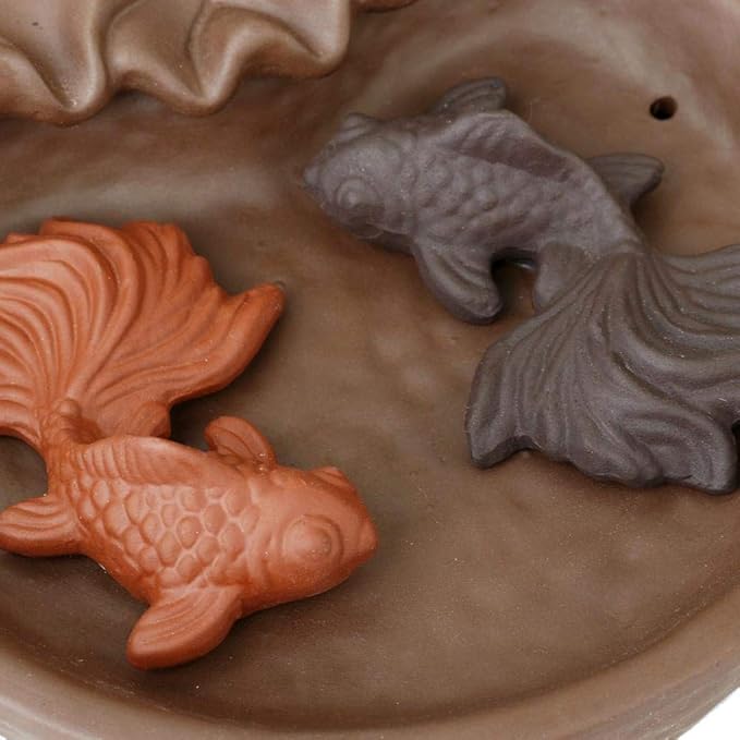 Backflow Incense Holder Burner Lotus Goldfish Pond Handicraft Censer Ceramic Incense Stick Holder Waterfall Back Flowing Incense Burner + 20 Backflow Incense Cones 30 Incense Sticks 1 Tweezer 1 Mat