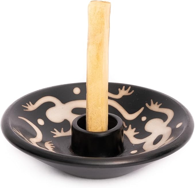 Palo Santo Holder with 5 Sticks - Luna Sundara Handmade Ceramic Incense Burner - Black & White Lizard Chulucanas Pottery from Peru - Smudge Bowl for Sage - Aromatherapy Gift Set