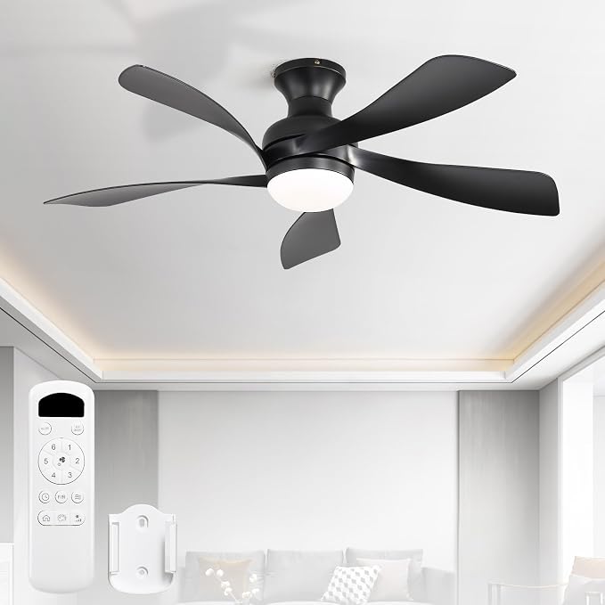 Sofucor 42 Inch Low Profile Ceiling Fan with Light, Flush Mount Outdoor Black Ceiling Fan with Remote for Bedroom Living Room Patio, Dimmable LED High Airflow Quiet Reversible DC Motor