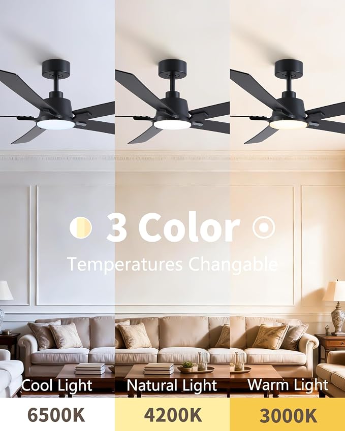 60 Inch Black Downrod Ceiling Fans with Lights and Remote | 3CCT Dimmable LED, 6 Speed, Quiet DC Motor, 3-Level Timer Function, Forward/Reserve For all Seasons, Indoor/Covered Outdoor