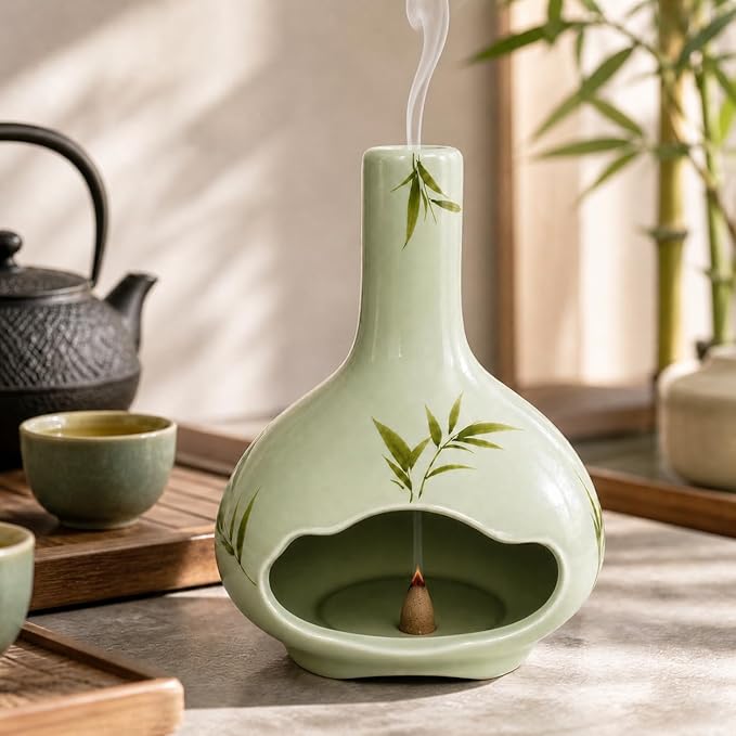 Handmade Ceramic Palo Santo Holder, Incense Burner with Chimney and Ash Catcher for Palo Santo Sticks, Sage & Incense Cones, Mini Fireplace Decor for Reading, Meditation, Yoga, Weekend