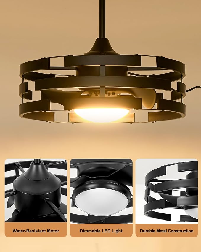 Roomratv 20" Outdoor Ceiling Fan with Light, Black Caged Ceiling Fan with Remote,Modern Enclosed Hanging Fan,IP65 Waterproof Plug in Fan for Gazebos, Patios and Porches
