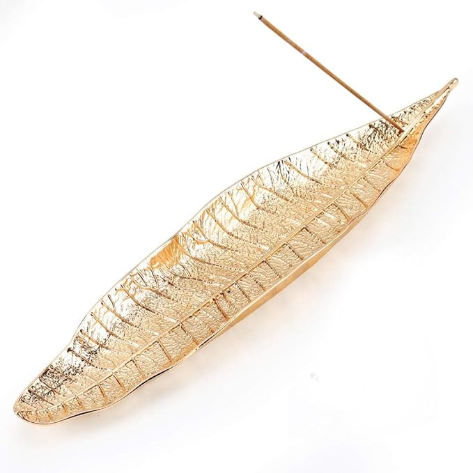 Zen Leaf Incense Burner with Ash Catcher - Compact Zinc Alloy Golden Tray for Meditation, Yoga & Home Decor, Portable Spiritual Aromatherapy Holder